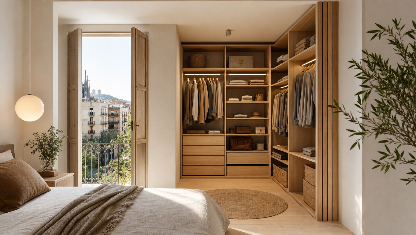 Vestidor tipo closet a medida con módulos abiertos instalado en piso de Barcelona