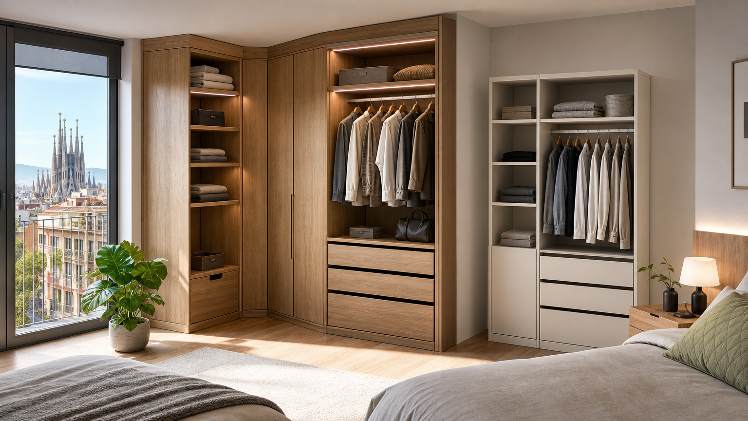 Vestidor a medida y armario modular en dormitorio contemporáneo de piso urbano en Barcelona