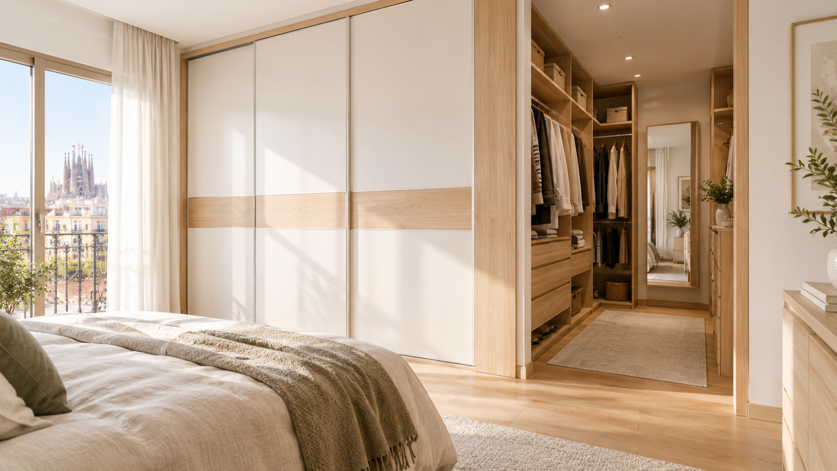 Dormitorio barcelonés con armario a medida de puertas correderas junto a un vestidor abierto con barras y cajones