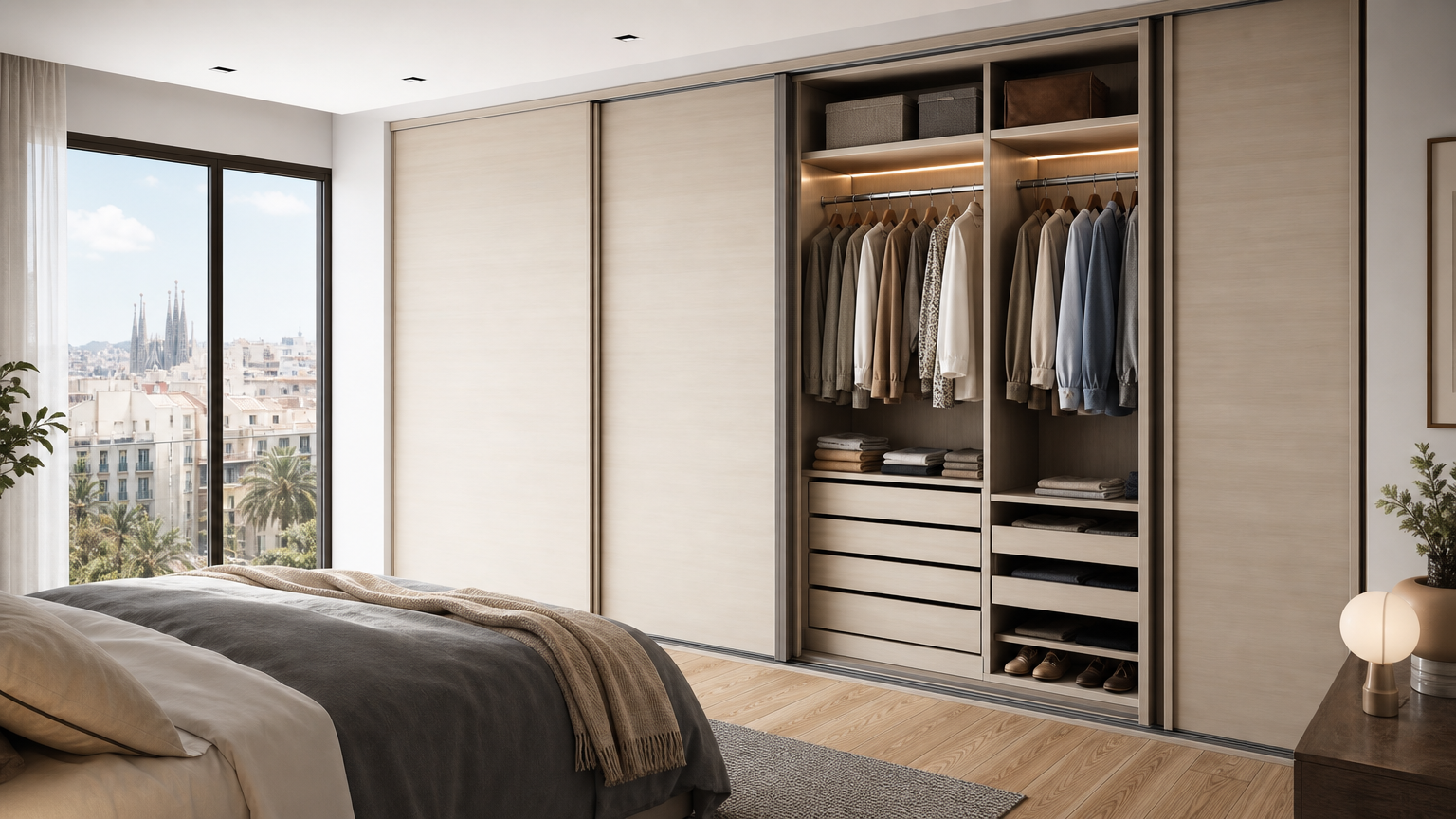 Dormitorio moderno con armario a medida abierto y bien organizado en Barcelona