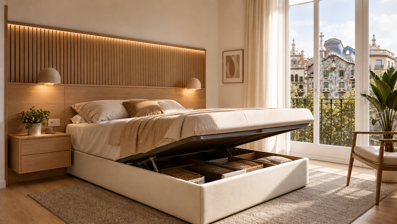 Dormitorio moderno con cabecero de madera y canapé tapizado con almacenamiento optimizado
