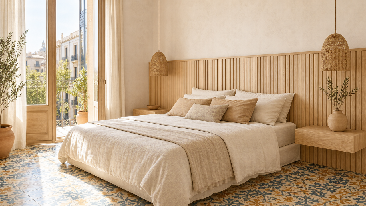 Dormitorio mediterráneo con cabecero madera clara y suelos hidráulicos coloridos en Barcelona.