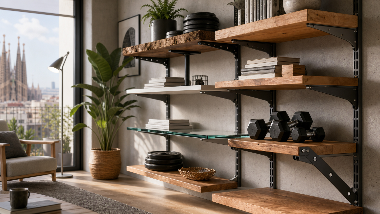 Armario con baldas reforzadas de madera, metal y cristal en ambiente moderno de piso en Barcelona