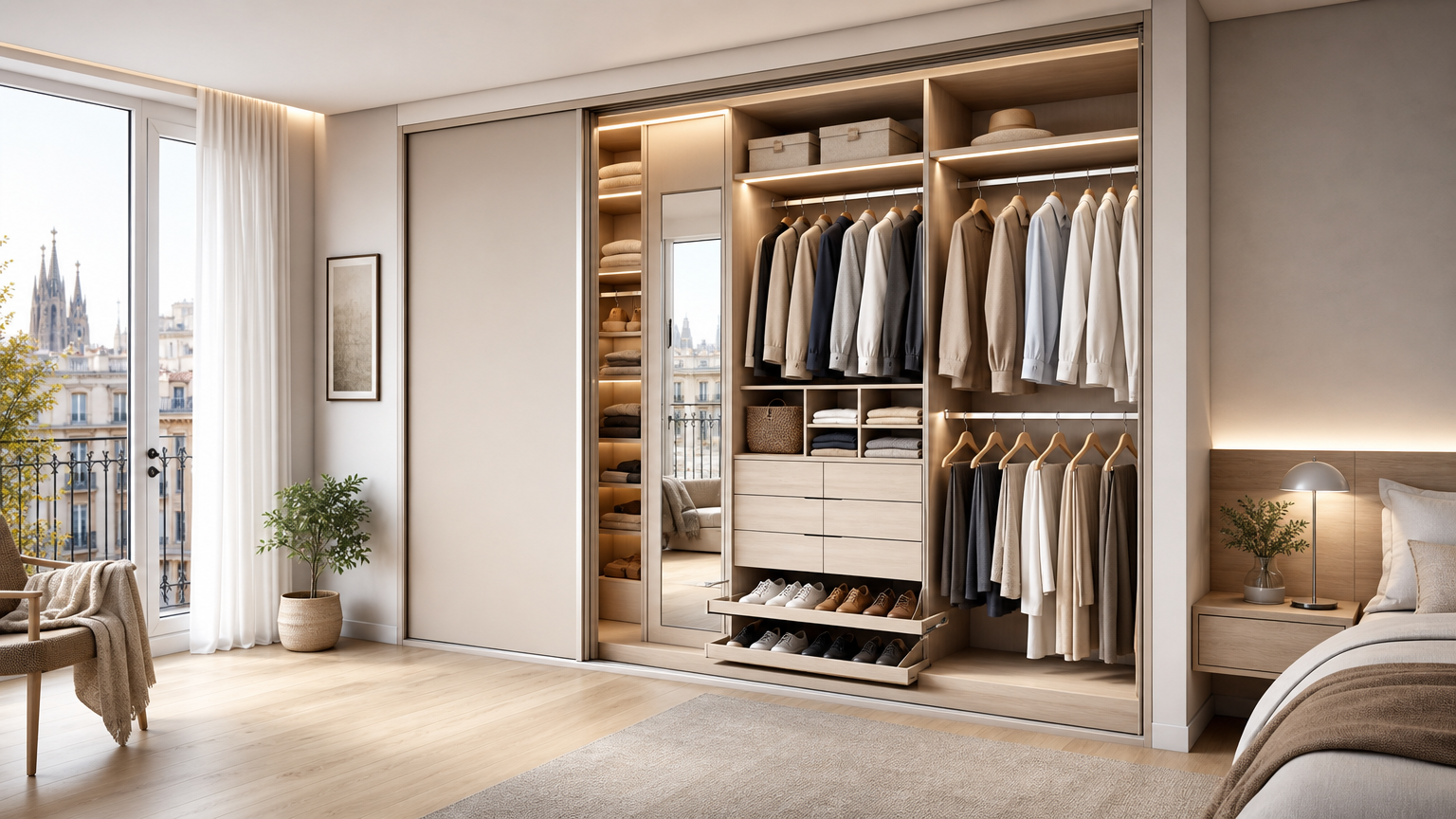 Armario a medida abierto con interior organizado e iluminación LED en dormitorio contemporáneo