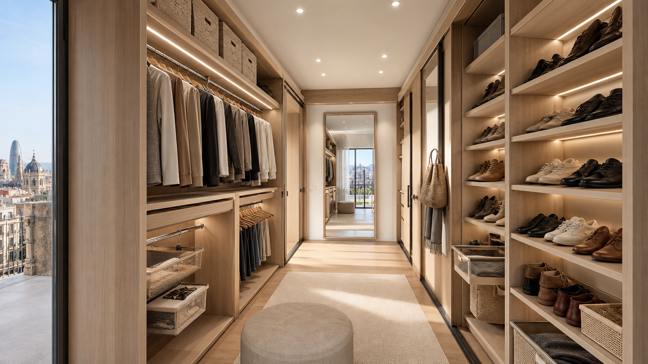 Vestidor a medida con iluminación LED y espejo en apartamento luminoso de Barcelona