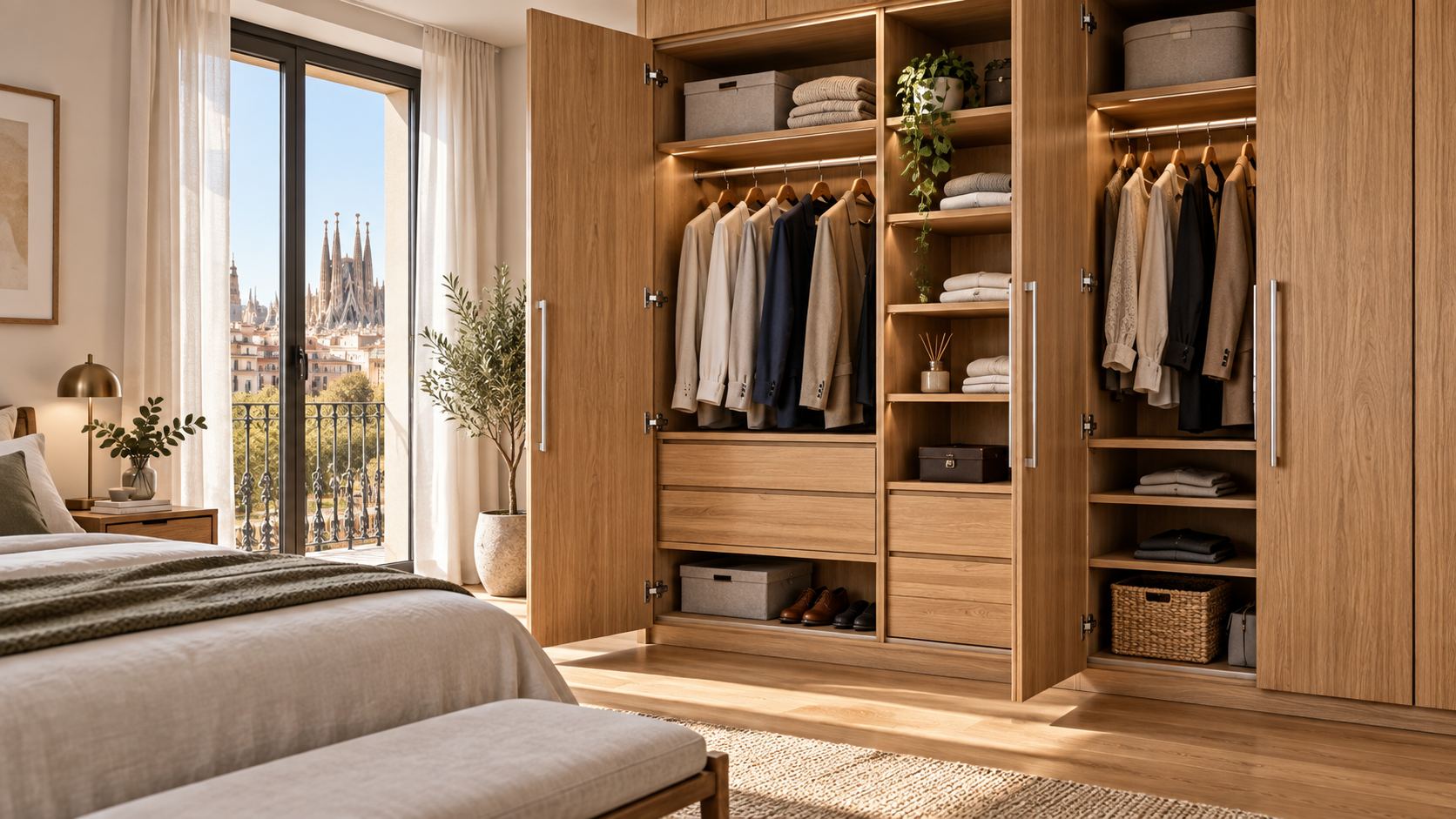 Armario a medida moderno de madera sólida en dormitorio luminoso de hogar barcelonés