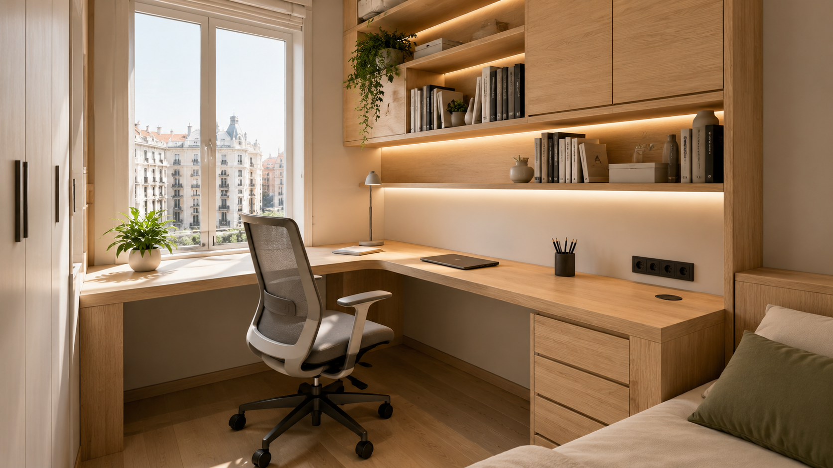 Escritorio a medida en esquina con estantes y luz natural en habitación pequeña barcelonesa