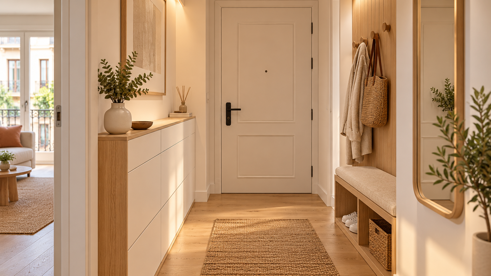 Recibidor estrecho de piso barcelonés con mueble bajo a medida, banco con perchero y espejo