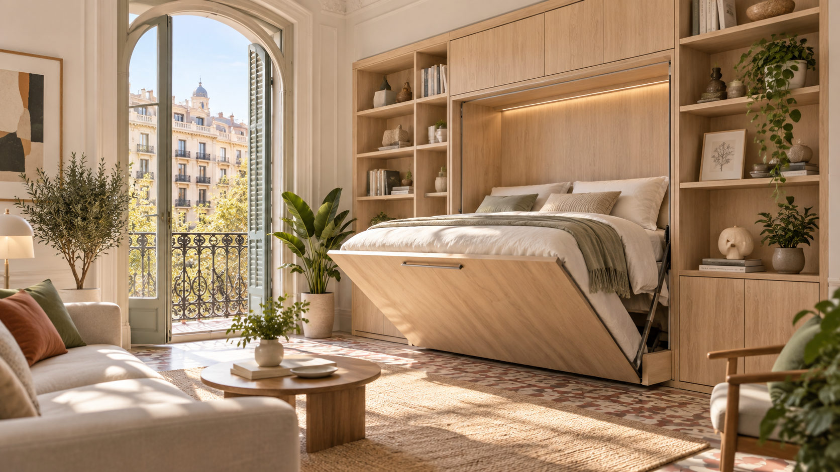 Cama abatible a medida integrada en librería de madera clara en salón de piso del Eixample
