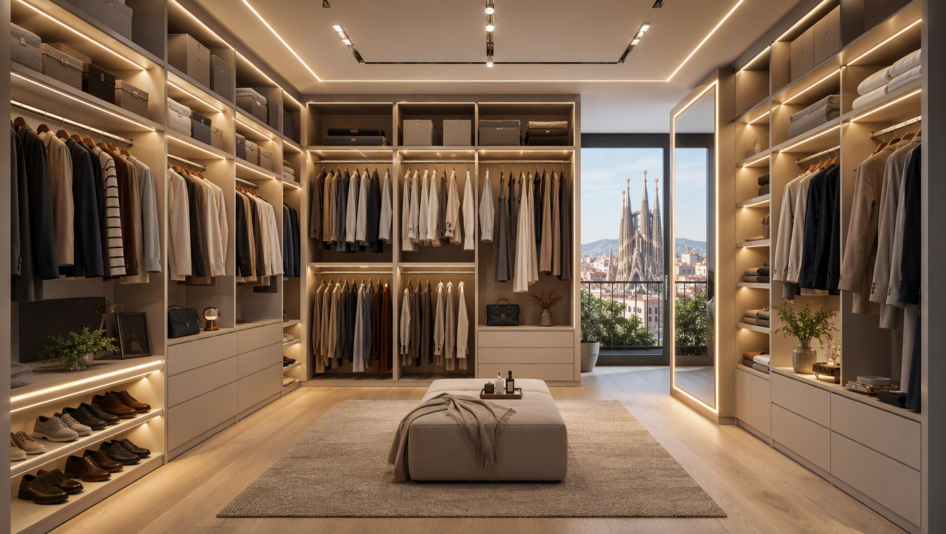 Vestidor moderno en hogar con iluminación LED cálida y fría regulable en Barcelona