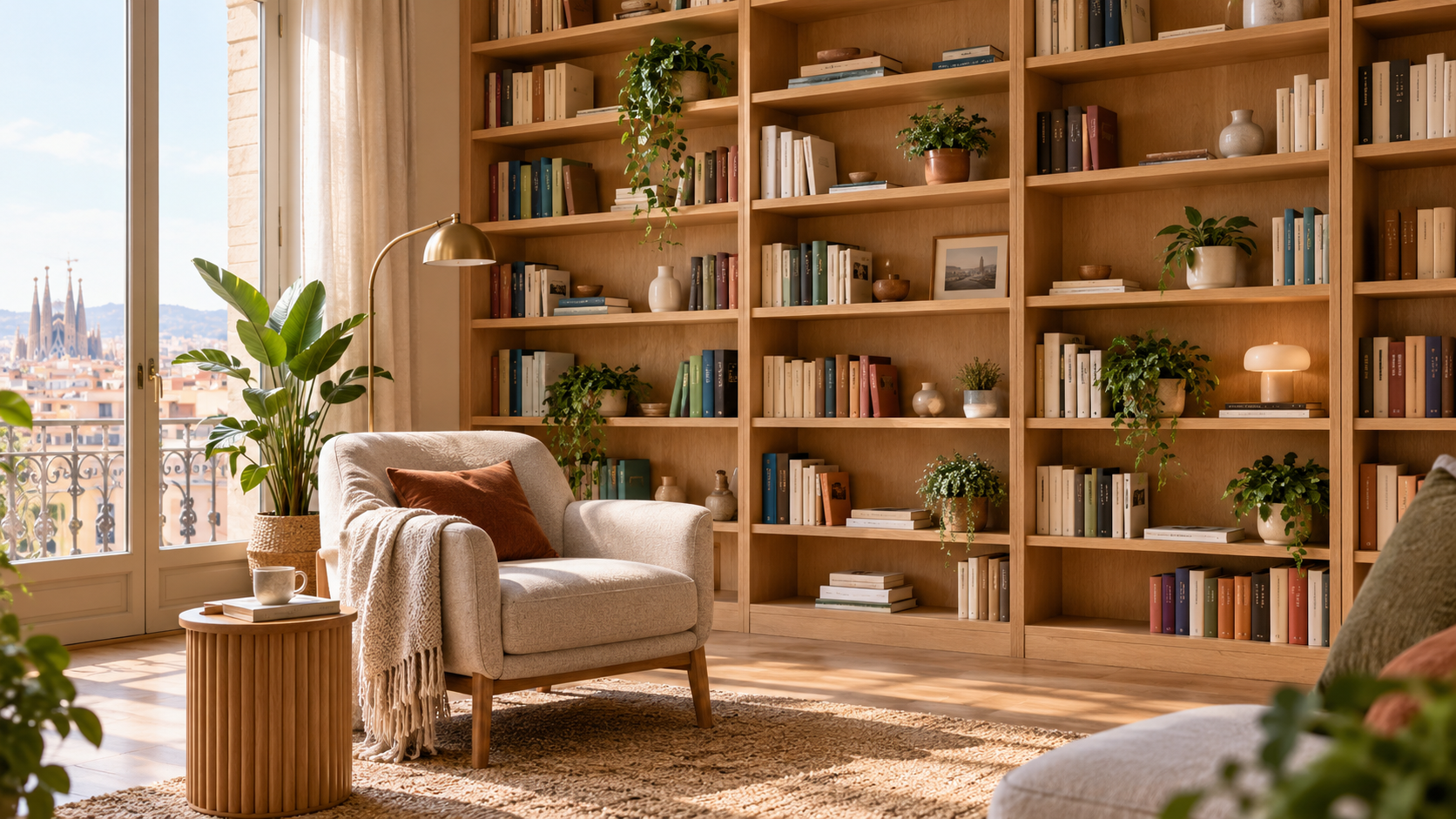 Librería a medida de roble claro del suelo al techo con libros y plantas en un salón de Barcelona