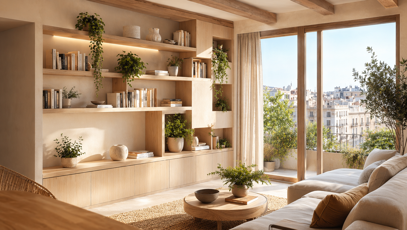 Librería de madera clara y baldas abiertas en salón luminoso de piso mediterráneo en Barcelona