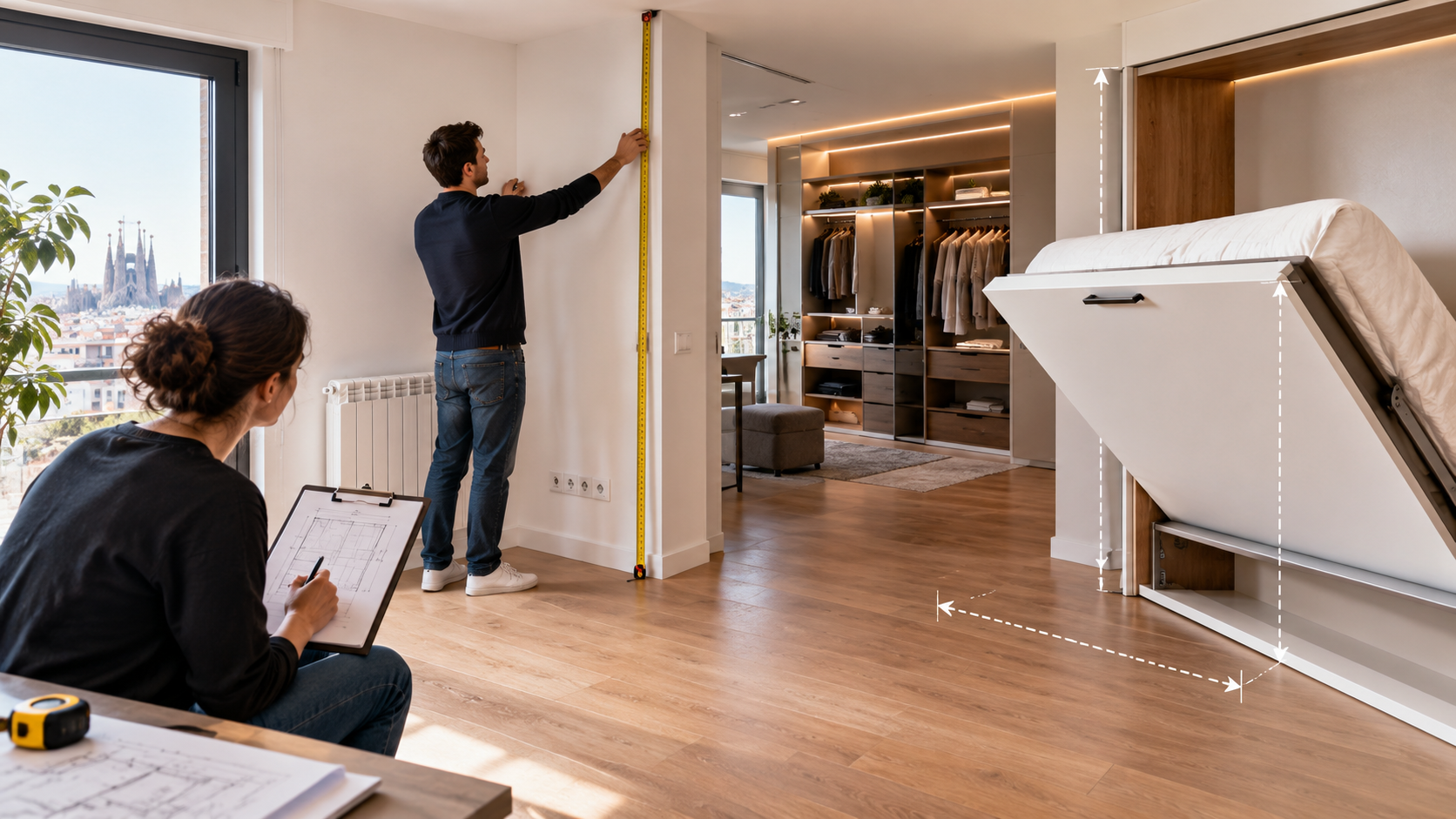 Persona midiendo espacio para armario y cama abatible en habitación luminosa y moderna