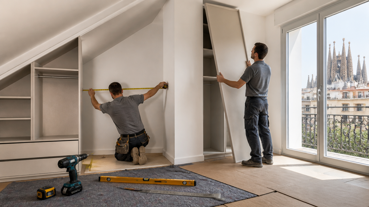 Técnicos midiendo y montando armario a medida en habitación con techo inclinado y suelo protegido.
