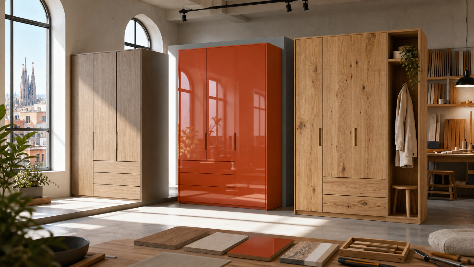Showroom con tres armarios a medida: melamina, lacado y madera natural en ambiente moderno de Barcelona