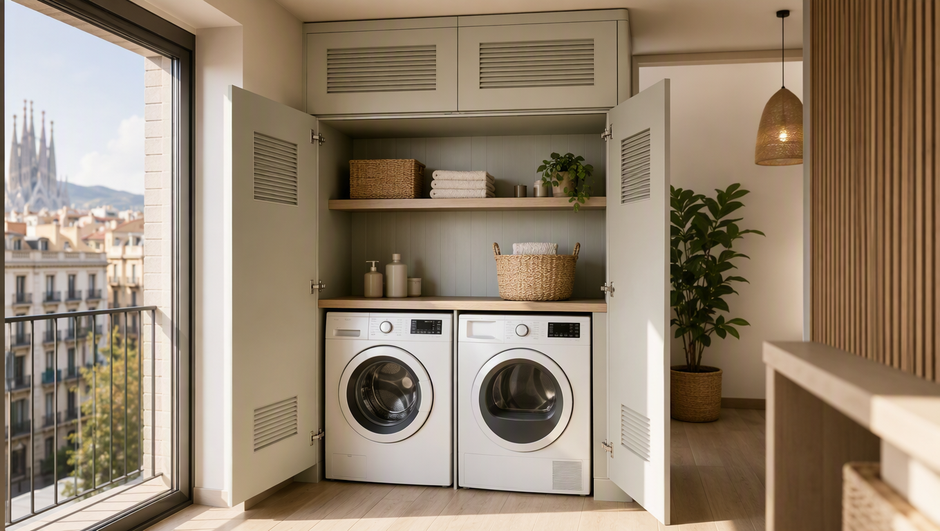 Mueble a medida con puertas abatibles y rejillas para lavadora y secadora en apartamento de Barcelona
