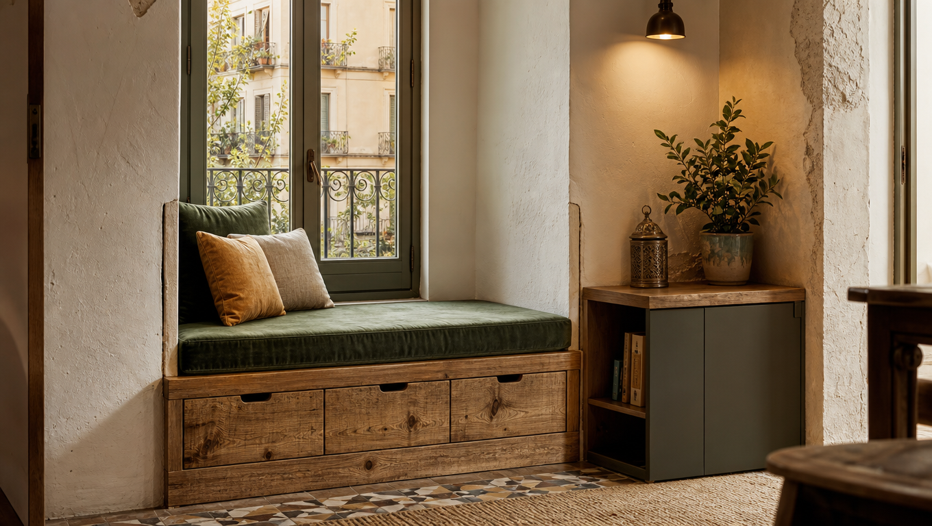 Rincón pequeño con banco de almacenaje de madera a medida y cojín de terciopelo en piso de Gràcia, Barcelona