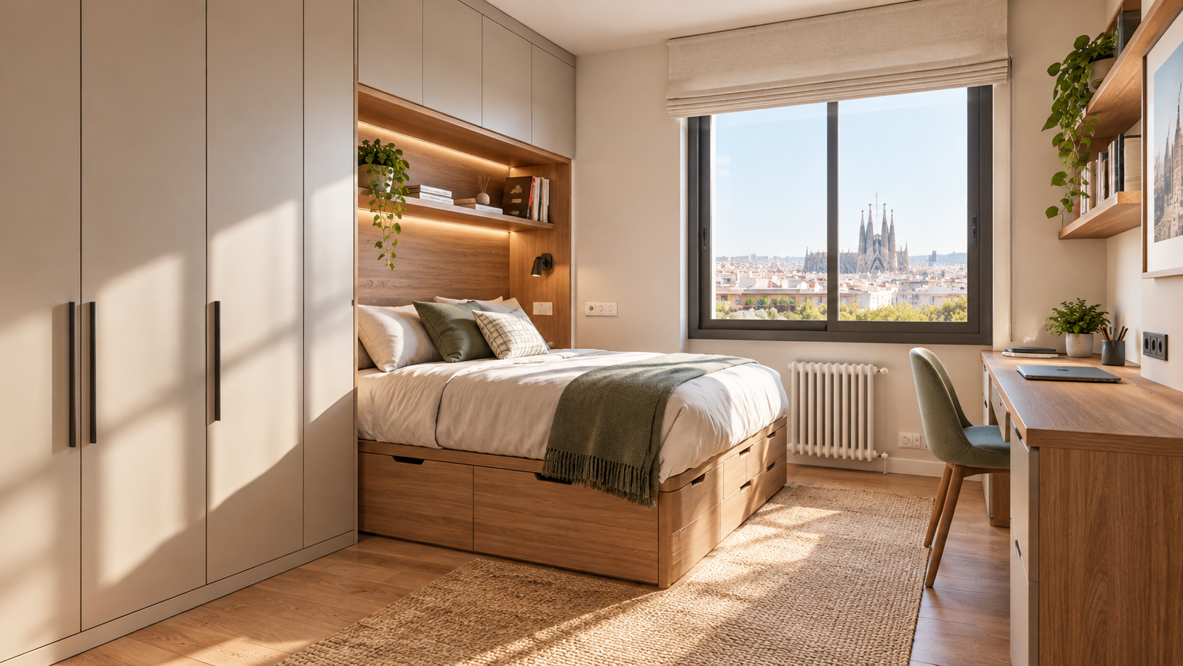 Dormitorio moderno en Barcelona con armario empotrado y muebles a medida de madera pulida