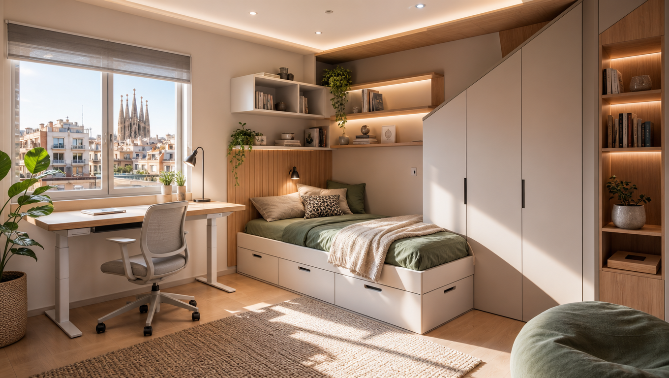 Dormitorio juvenil en Barcelona con cama con cajones, escritorio y estanterías modulares a medida