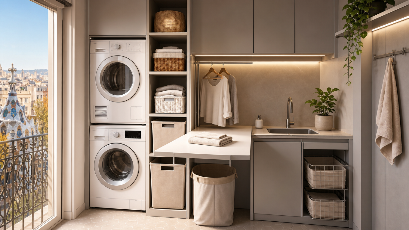 Lavandería pequeña con muebles a medida y lavanderas apiladas en piso urbano en Barcelona