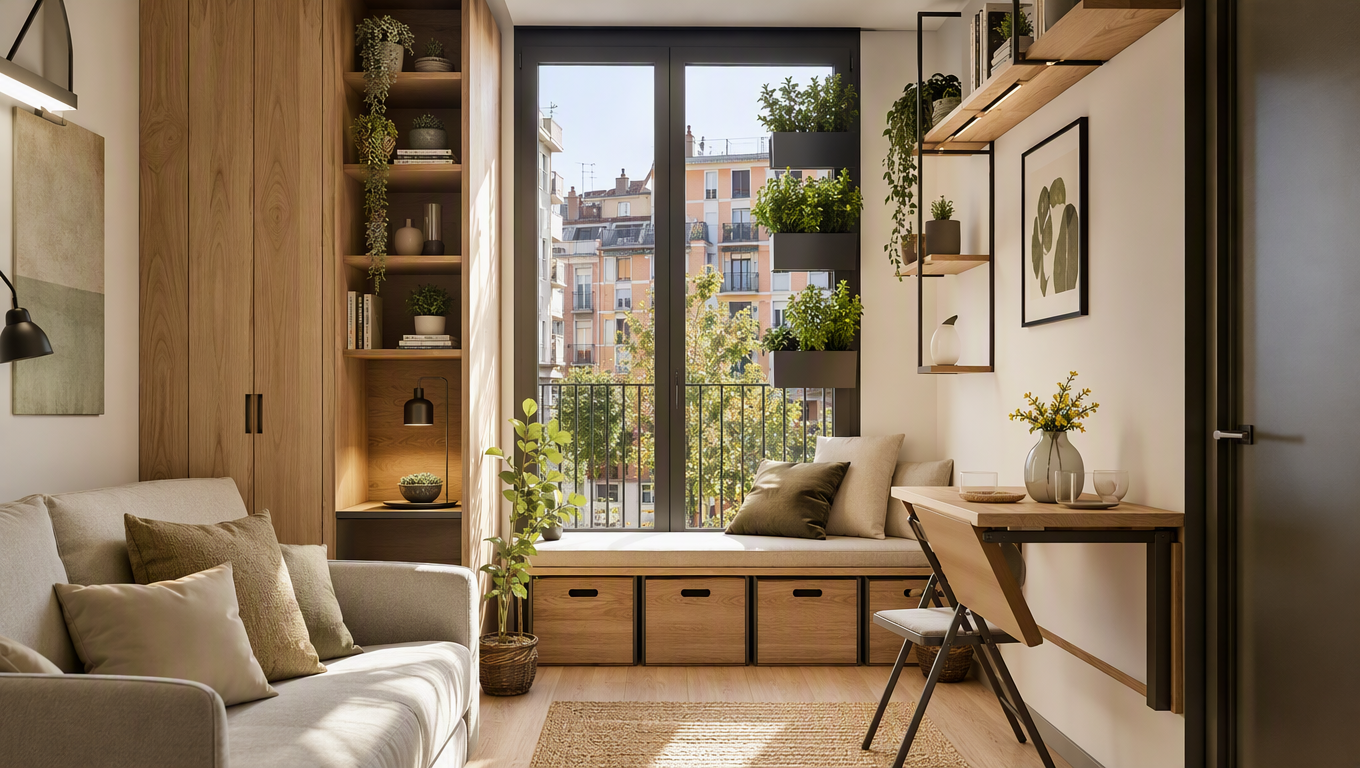 Salón pequeño con muebles a medida de madera y metal aprovechando luz natural y espacio en piso Barcelonés