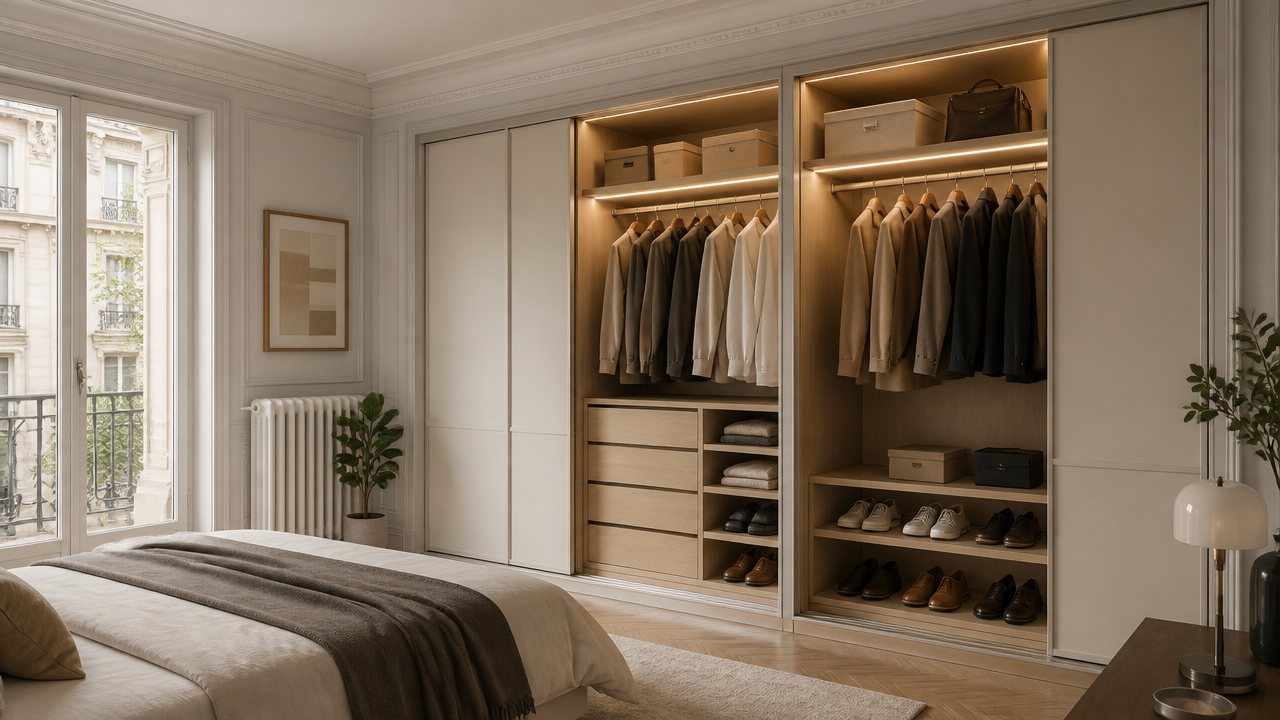 Armario a medida con puertas correderas e iluminación LED en dormitorio moderno en Les Corts, Barcelona