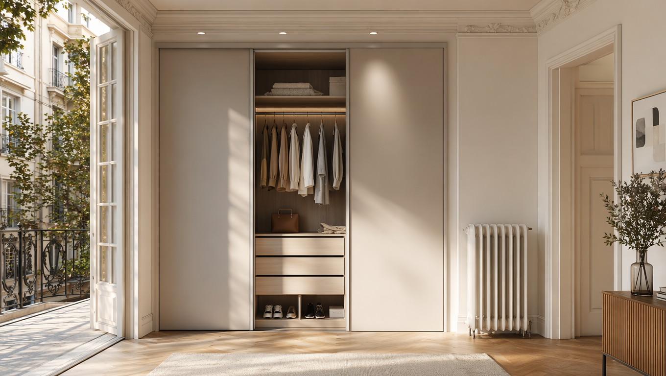 Armario a medida con puertas correderas y almacenamiento organizado en piso luminoso con parquet y radiador en Barcelona