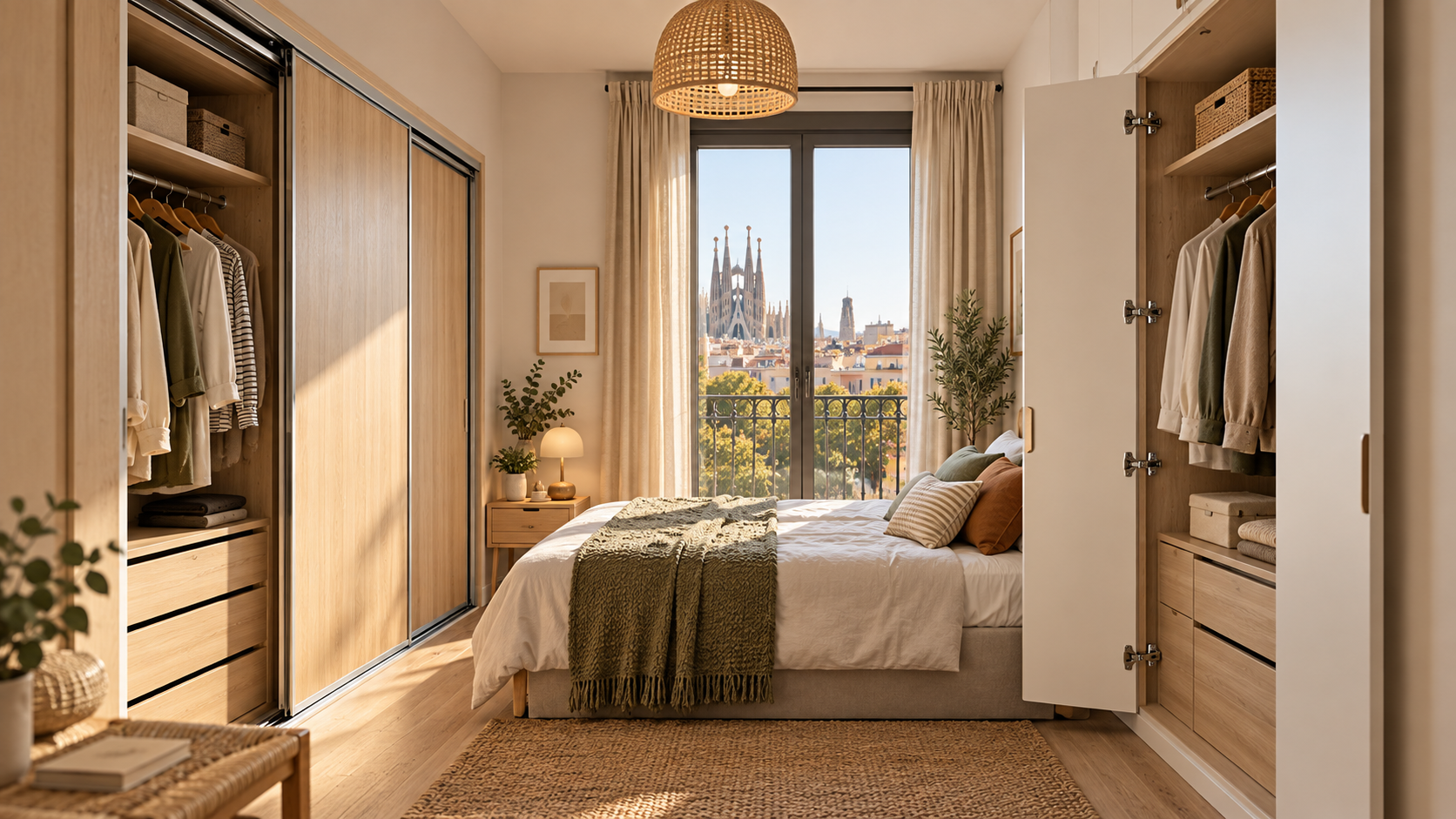 Habitación de apartamento en Barcelona con armarios correderos y abatibles mostrando contraste y optimización de espacio