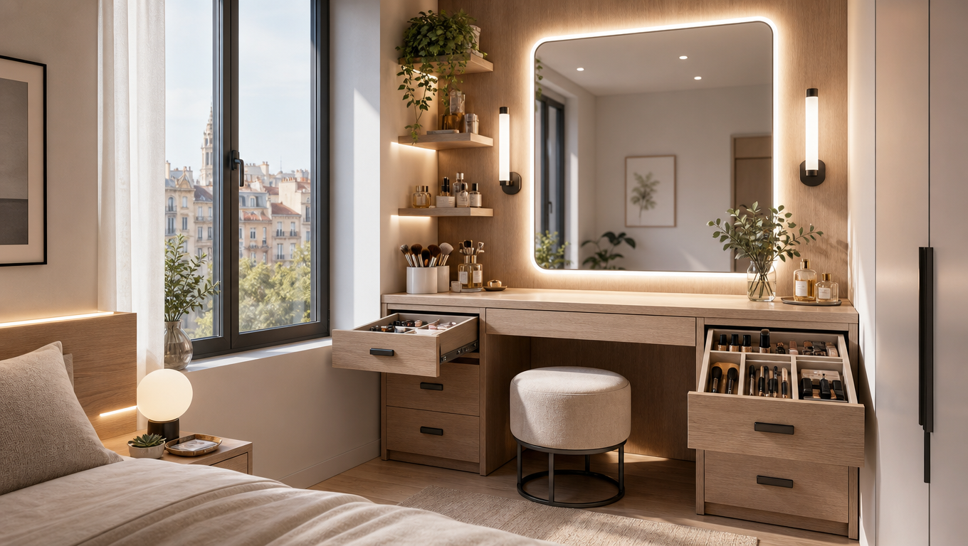 Tocador a medida en dormitorio compacto con madera natural, espejo iluminado y almacenamiento organizado en casa de Barcelona