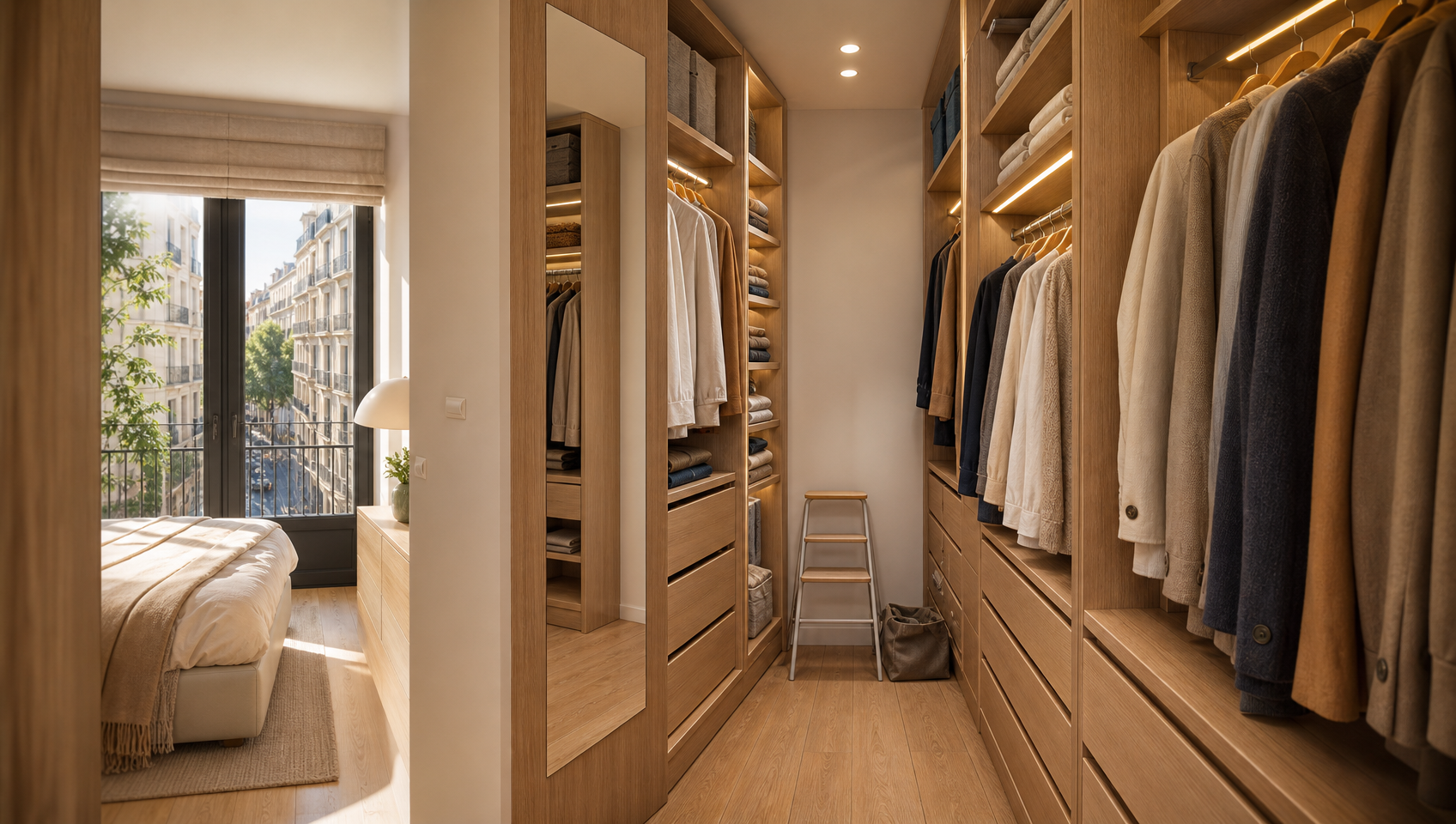 Vestidor a medida con distribución en paralelo en habitación pequeña de piso barcelonés